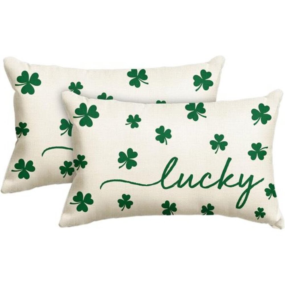 St Patricks Day Lucky Clover White Throw Pillow Cover, 12 x 20